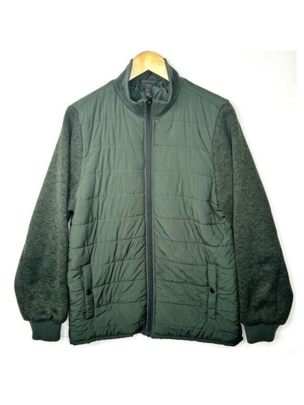 Zella Mens Hybrid Quilted Puffer Jacket M Olive Green Full Zip Insulated Bomber